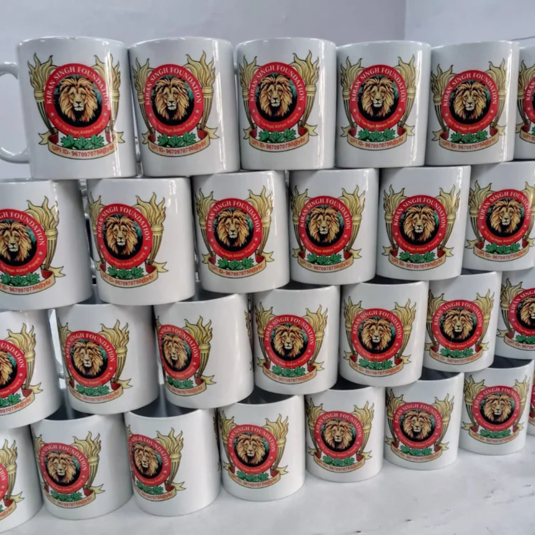 Promotional printed white ceramic mug with custom company logo for corporate bulk gifting